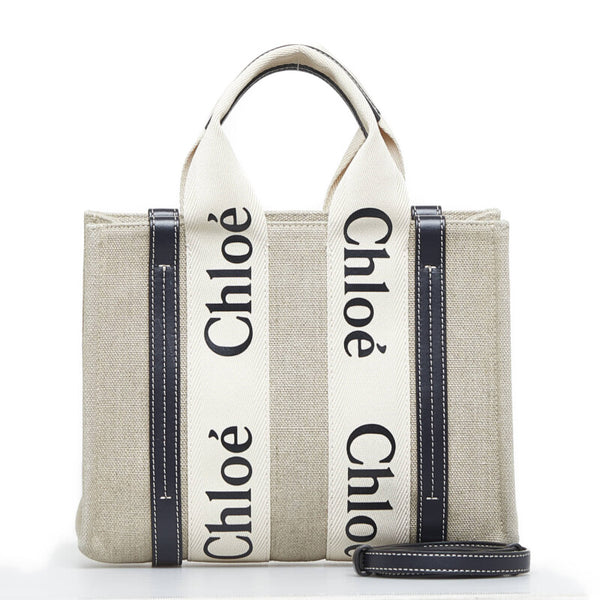 クロエ ウッディ スモール トートバッグ ショルダーバッグ 2WAY ベージュ ネイビー キャンバス レザー レディース Chloe 【中古】