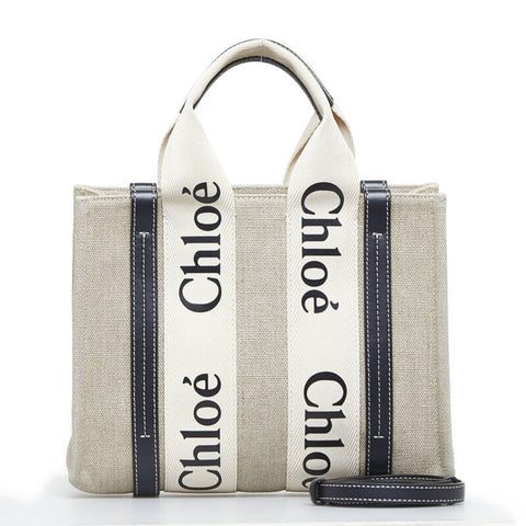 クロエ ウッディ スモール トートバッグ ショルダーバッグ 2WAY ベージュ ネイビー キャンバス レザー レディース Chloe 【中古】