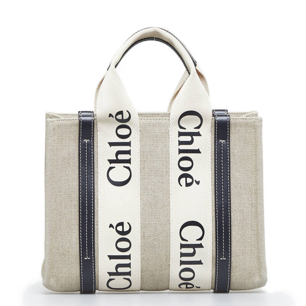 クロエ ウッディ スモール トートバッグ ショルダーバッグ 2WAY ベージュ ネイビー キャンバス レザー レディース Chloe 【中古】