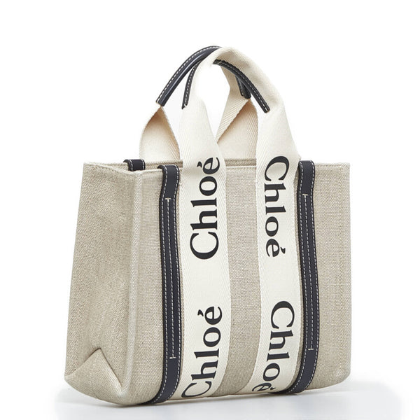 クロエ ウッディ スモール トートバッグ ショルダーバッグ 2WAY ベージュ ネイビー キャンバス レザー レディース Chloe 【中古】