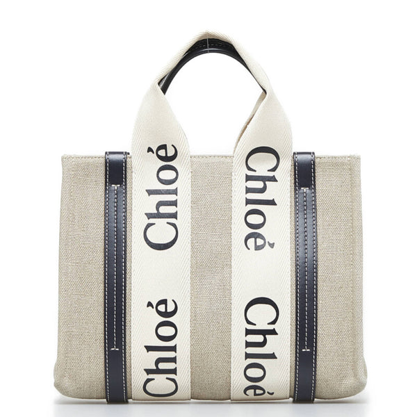 クロエ ウッディ スモール トートバッグ ショルダーバッグ 2WAY ベージュ ネイビー キャンバス レザー レディース Chloe 【中古】