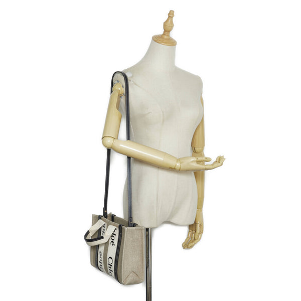 クロエ ウッディ スモール トートバッグ ショルダーバッグ 2WAY ベージュ ネイビー キャンバス レザー レディース Chloe 【中古】