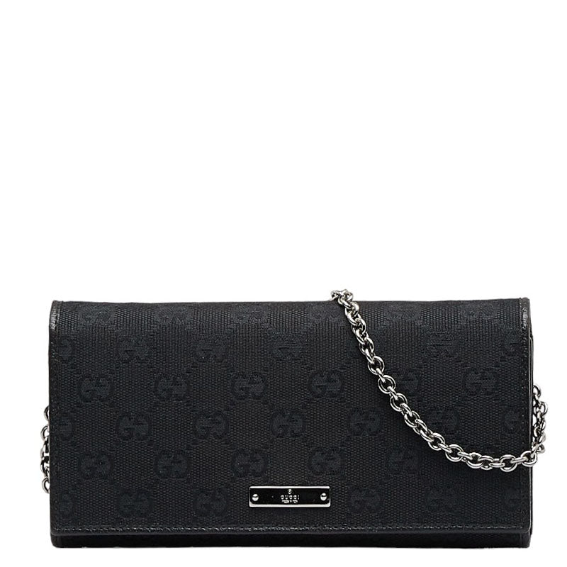 グッチ GGキャンバス チェーンウォレット 長財布 2WAY 170426 ブラック キャンバス レザー レディース GUCCI 【中古】
