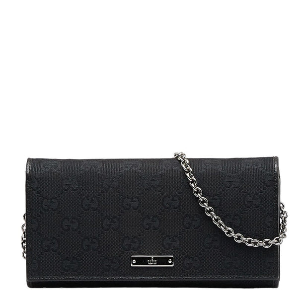 グッチ GGキャンバス チェーンウォレット 長財布 2WAY 170426 ブラック キャンバス レザー レディース GUCCI 【中古】