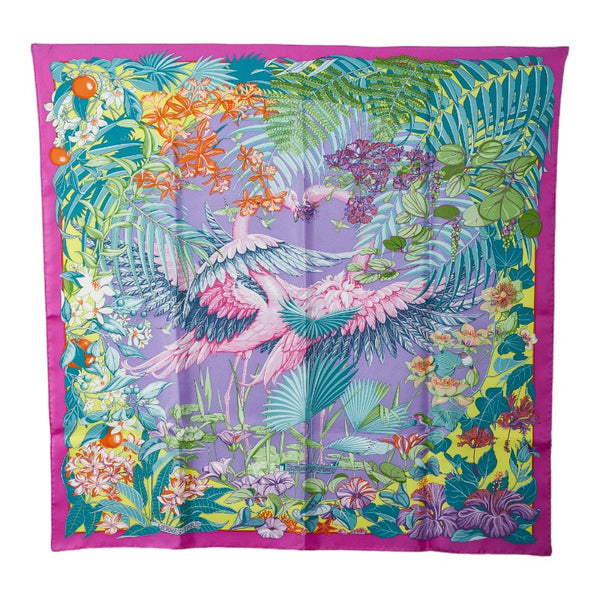 エルメス カレ90 Flamingo Party フラミンゴパーティ スカーフ パープル マルチカラー シルク レディース HERMES 【中古】