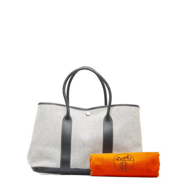 エルメス ガーデンパーティPM トートバッグ ハンドバッグ ブラック ホワイト トワルアッシュ レザー レディース HERMES 【中古】