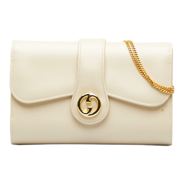 グッチ インターロッキングG チェーン ショルダーバッグ ホワイト レザー レディース GUCCI 【中古】