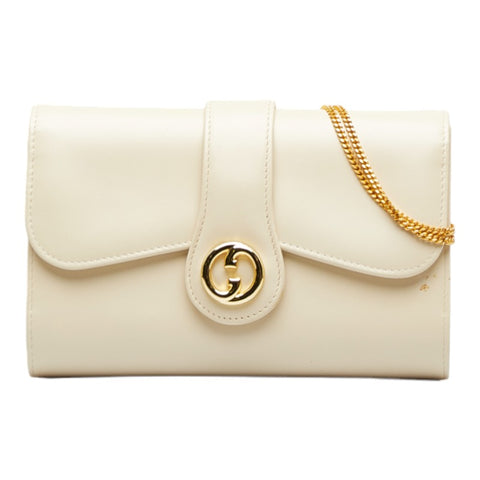 グッチ インターロッキングG チェーン ショルダーバッグ ホワイト レザー レディース GUCCI 【中古】