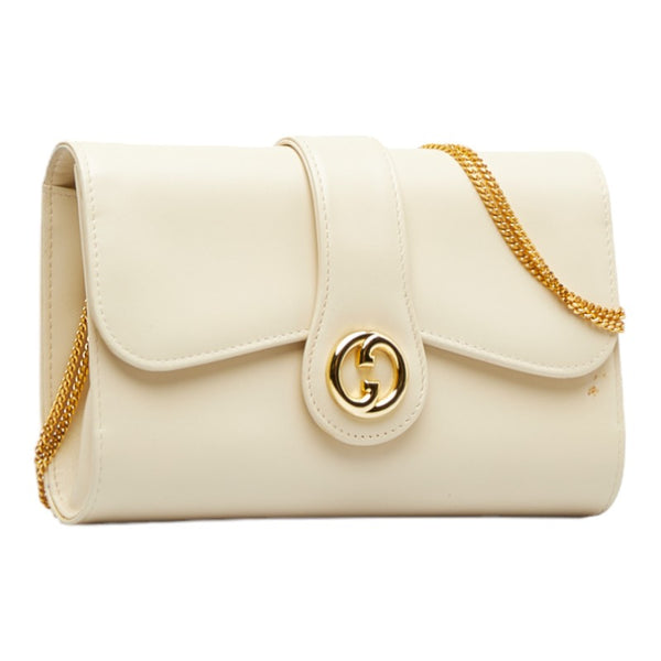 グッチ インターロッキングG チェーン ショルダーバッグ ホワイト レザー レディース GUCCI 【中古】