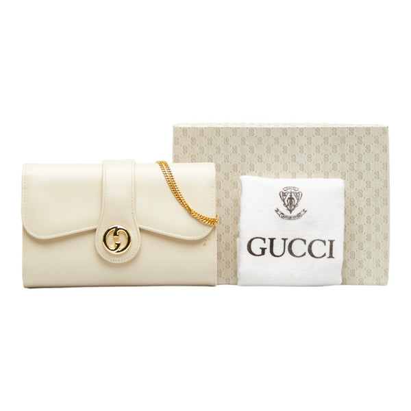 グッチ インターロッキングG チェーン ショルダーバッグ ホワイト レザー レディース GUCCI 【中古】