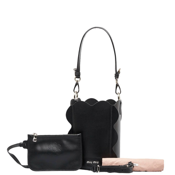 ミュウミュウ フラワーモチーフ バケット ハンドバッグ ショルダーバッグ 2WAY ブラック レザー レディース MIUMIU 【中古】