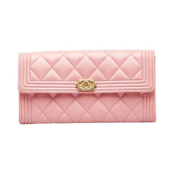 シャネル マトラッセ ボーイシャネル 長財布 ロングフラップウォレット 二つ折り財布 ピンク ラムスキン レディース CHANEL 【中古】