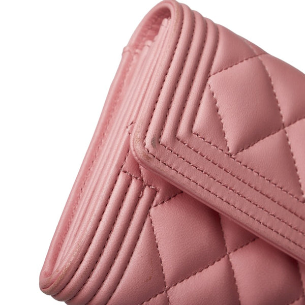 シャネル マトラッセ ボーイシャネル 長財布 ロングフラップウォレット 二つ折り財布 ピンク ラムスキン レディース CHANEL 【中古】