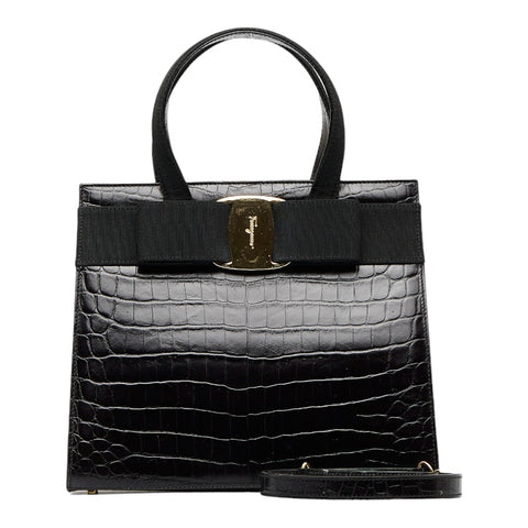 サルヴァトーレフェラガモ ヴァラリボン クロコ型押し ゴールド金具 ハンドバッグ ショルダーバッグ 2WAY AF-21 4178 ブラック レザー レディース Salvatore Ferragamo 【中古】