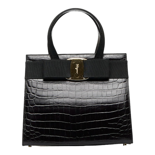 サルヴァトーレフェラガモ ヴァラリボン クロコ型押し ゴールド金具 ハンドバッグ ショルダーバッグ 2WAY AF-21 4178 ブラック レザー レディース Salvatore Ferragamo 【中古】