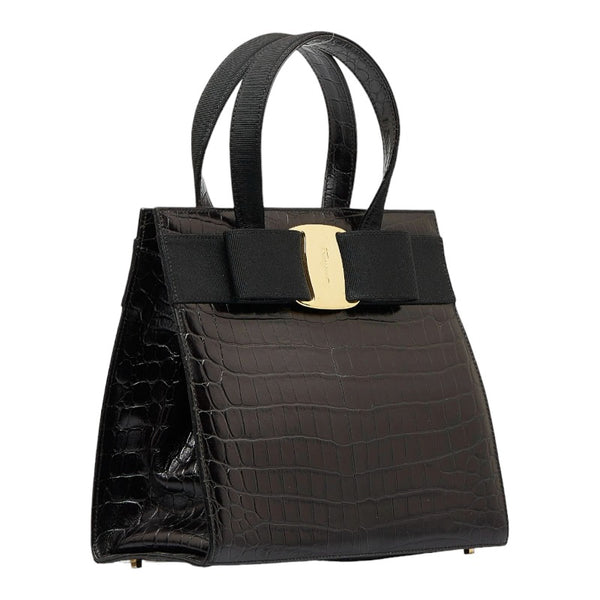 サルヴァトーレフェラガモ ヴァラリボン クロコ型押し ゴールド金具 ハンドバッグ ショルダーバッグ 2WAY AF-21 4178 ブラック レザー レディース Salvatore Ferragamo 【中古】