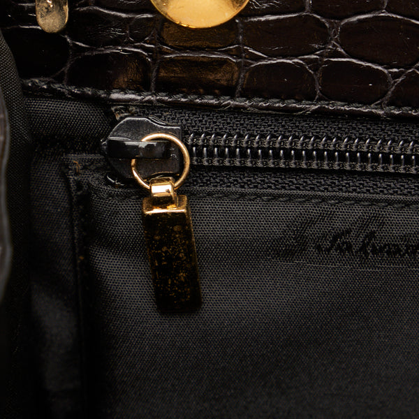 サルヴァトーレフェラガモ ヴァラリボン クロコ型押し ゴールド金具 ハンドバッグ ショルダーバッグ 2WAY AF-21 4178 ブラック レザー レディース Salvatore Ferragamo 【中古】