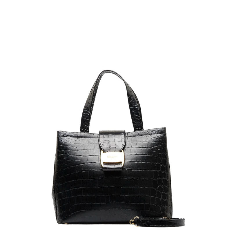 サルヴァトーレフェラガモ ヴァラ クロコ型押し ゴールド金具 ハンドバッグ ショルダーバッグ 2WAY AG-21 8252 ブラック レザー レディース Salvatore Ferragamo 【中古】
