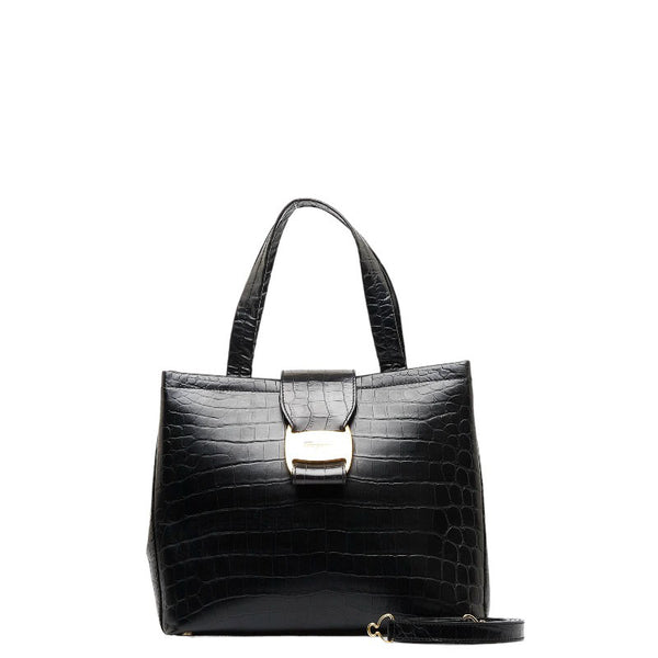 サルヴァトーレフェラガモ ヴァラ クロコ型押し ゴールド金具 ハンドバッグ ショルダーバッグ 2WAY AG-21 8252 ブラック レザー レディース Salvatore Ferragamo 【中古】