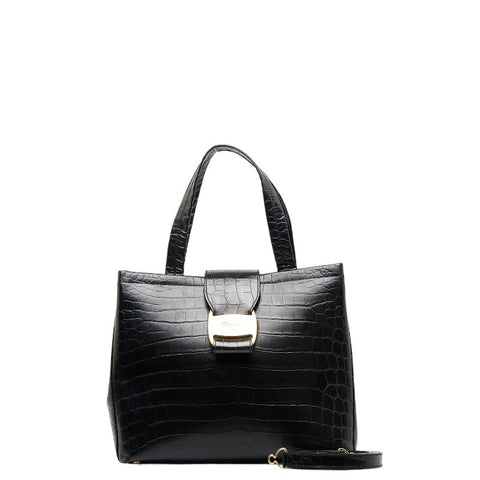 サルヴァトーレフェラガモ ヴァラ クロコ型押し ゴールド金具 ハンドバッグ ショルダーバッグ 2WAY AG-21 8252 ブラック レザー レディース Salvatore Ferragamo 【中古】