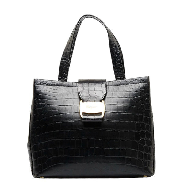サルヴァトーレフェラガモ ヴァラ クロコ型押し ゴールド金具 ハンドバッグ ショルダーバッグ 2WAY AG-21 8252 ブラック レザー レディース Salvatore Ferragamo 【中古】