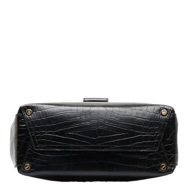 サルヴァトーレフェラガモ ヴァラ クロコ型押し ゴールド金具 ハンドバッグ ショルダーバッグ 2WAY AG-21 8252 ブラック レザー レディース Salvatore Ferragamo 【中古】