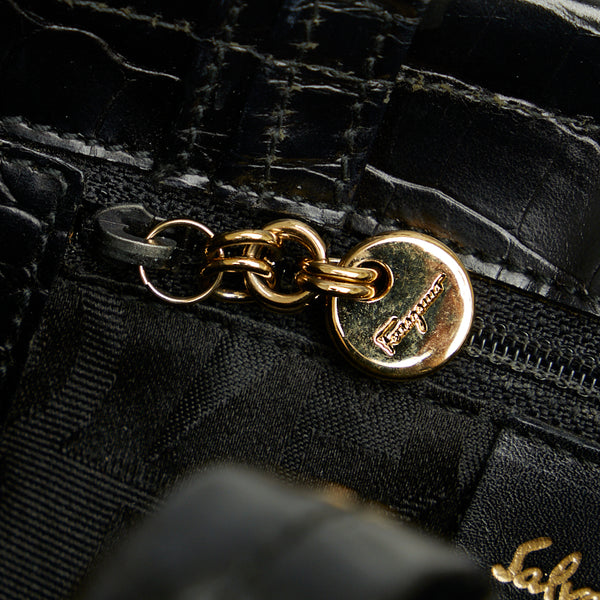 サルヴァトーレフェラガモ ヴァラ クロコ型押し ゴールド金具 ハンドバッグ ショルダーバッグ 2WAY AG-21 8252 ブラック レザー レディース Salvatore Ferragamo 【中古】