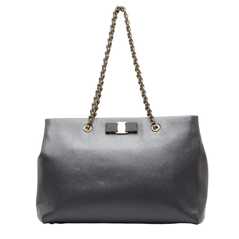 サルヴァトーレフェラガモ ヴァラリボン ゴールド金具 チェーン ショルダーバッグ トートバッグ AB-21 F561 グレー レザー レディース Salvatore Ferragamo 【中古】