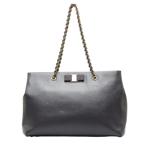 サルヴァトーレフェラガモ ヴァラリボン ゴールド金具 チェーン ショルダーバッグ トートバッグ AB-21 F561 グレー レザー レディース Salvatore Ferragamo 【中古】