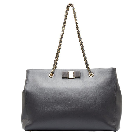 サルヴァトーレフェラガモ ヴァラリボン ゴールド金具 チェーン ショルダーバッグ トートバッグ AB-21 F561 グレー レザー レディース Salvatore Ferragamo 【中古】