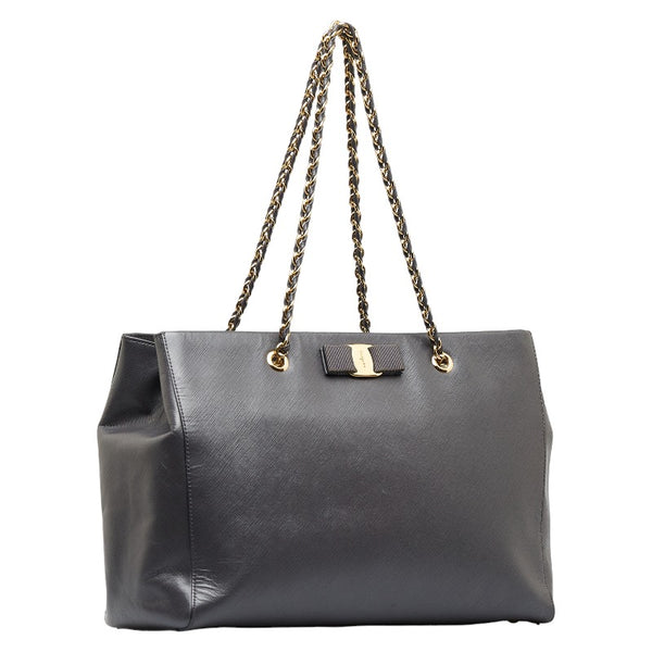 サルヴァトーレフェラガモ ヴァラリボン ゴールド金具 チェーン ショルダーバッグ トートバッグ AB-21 F561 グレー レザー レディース Salvatore Ferragamo 【中古】