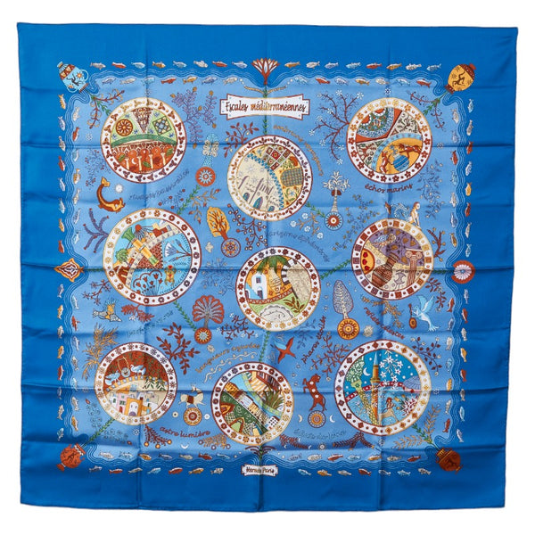 エルメス カレ90 Mediterraneennes 地中海の港町 スカーフ ブルー マルチカラー シルク レディース HERMES 【中古】