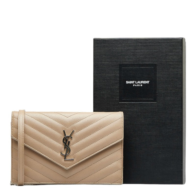 サンローラン カサンドラ Vステッチ エンベロープ チェーン ショルダーバッグ 393953 ベージュ レザー レディース SAINT LAURENT 【中古】