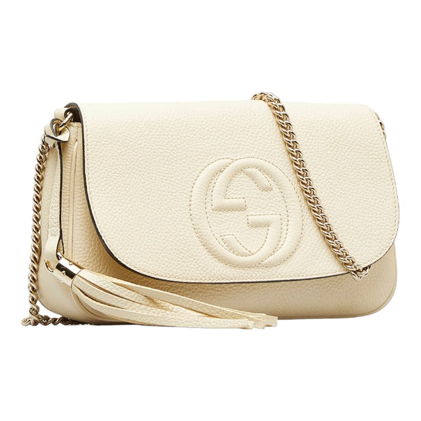 グッチ インターロッキングG ソーホー タッセル 斜め掛け チェーン ショルダーバック 536224 ホワイト レザー レディース GUCCI 【中古】