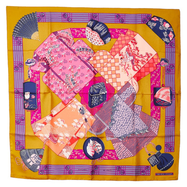 エルメス カレ90 KIMONOS et INROS 着物 印籠 スカーフ ブラウン マルチカラー シルク レディース HERMES 【中古】