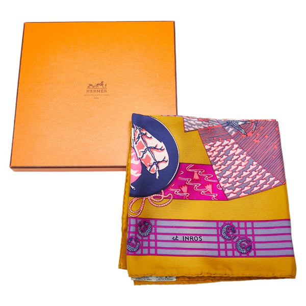 エルメス カレ90 KIMONOS et INROS 着物 印籠 スカーフ ブラウン マルチカラー シルク レディース HERMES 【中古】