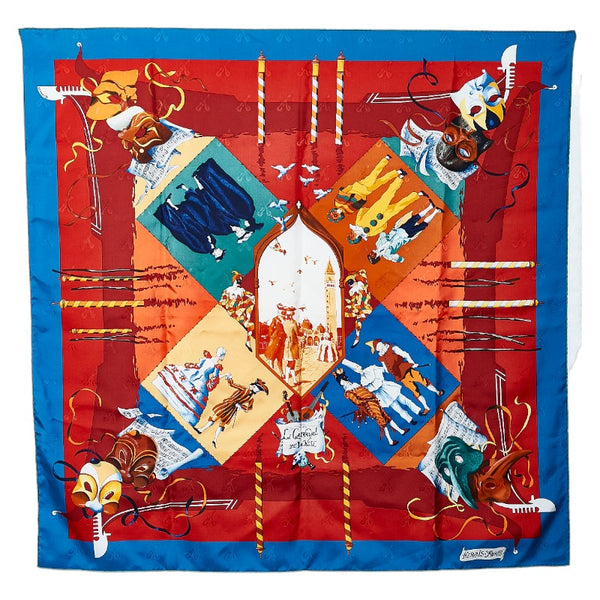 エルメス カレ90 LE CARNAVAL DE VENISE ベニスのカーニバル スカーフ ブルー レッド マルチカラー シルク レディース HERMES 【中古】