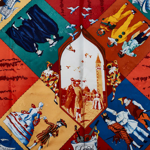 エルメス カレ90 LE CARNAVAL DE VENISE ベニスのカーニバル スカーフ ブルー レッド マルチカラー シルク レディース HERMES 【中古】
