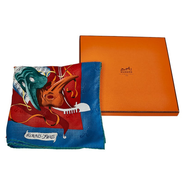 エルメス カレ90 LE CARNAVAL DE VENISE ベニスのカーニバル スカーフ ブルー レッド マルチカラー シルク レディース HERMES 【中古】