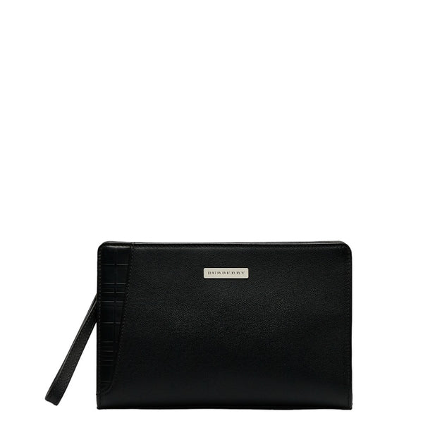 バーバリー ノバチェック クラッチバッグ フラットポーチ ブラック レザー レディース BURBERRY 【中古】