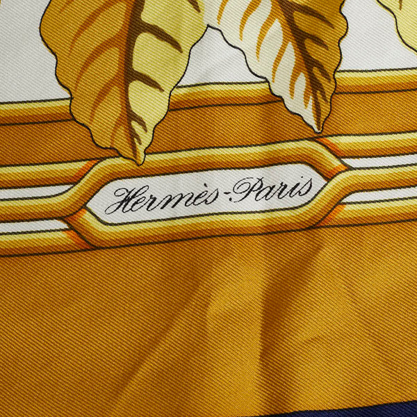 エルメス カレ90 Les Perroquets detail 鳥 オウム スカーフ ゴールド ネイビー シルク レディース HERMES 【中古】