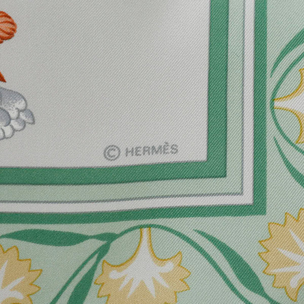 エルメス カレ90 OEillets sauvages et autres Caryophyllees 野生のカーネーションやナデシコ スカーフ ライトグリーン シルク レディース HERMES 【中古】