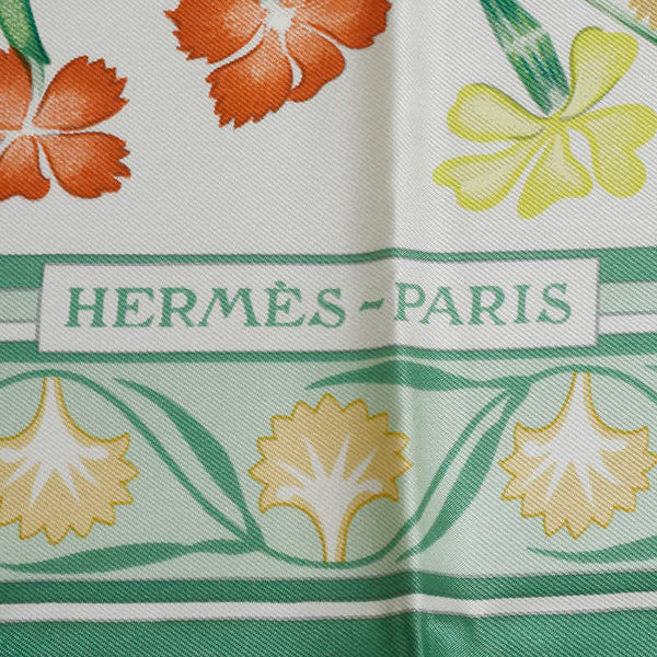 エルメス カレ90 OEillets sauvages et autres Caryophyllees 野生のカーネーションやナデシコ スカーフ ライトグリーン シルク レディース HERMES 【中古】