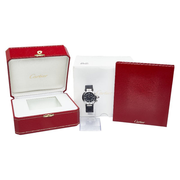 カルティエ パシャ シータイマー 腕時計 W3140003 クオーツ ブラック文字盤 ステンレススチール ラバー レディース CARTIER 【中古】