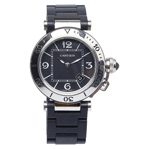 カルティエ パシャ シータイマー 腕時計 W3140003 クオーツ ブラック文字盤 ステンレススチール ラバー レディース CARTIER 【中古】