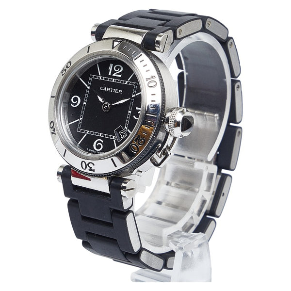 カルティエ パシャ シータイマー 腕時計 W3140003 クオーツ ブラック文字盤 ステンレススチール ラバー レディース CARTIER 【中古】