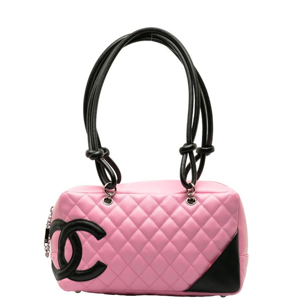 シャネル カンボンライン ココマーク ボーリングバッグ ショルダーバッグ ピンク ブラック レザー レディース CHANEL 【中古】