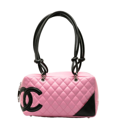 シャネル カンボンライン ココマーク ボーリングバッグ ショルダーバッグ ピンク ブラック レザー レディース CHANEL 【中古】