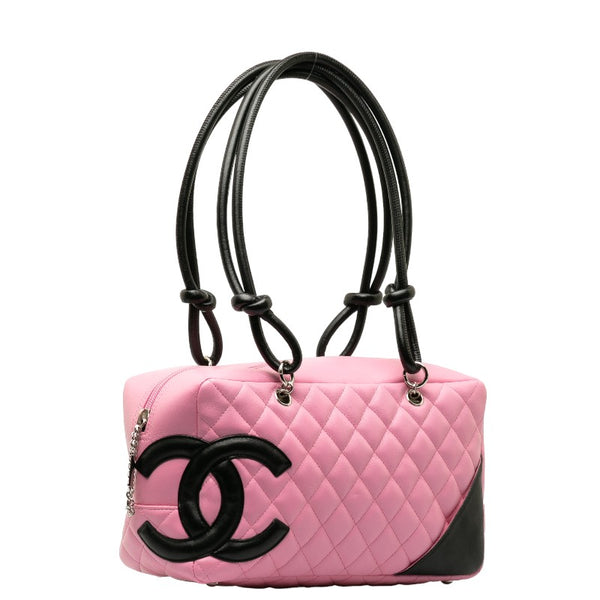 シャネル カンボンライン ココマーク ボーリングバッグ ショルダーバッグ ピンク ブラック レザー レディース CHANEL 【中古】