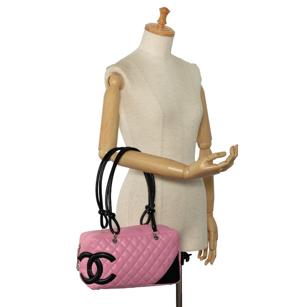 シャネル カンボンライン ココマーク ボーリングバッグ ショルダーバッグ ピンク ブラック レザー レディース CHANEL 【中古】